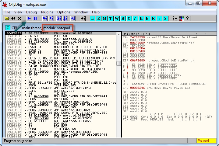 Notepad im Debugger